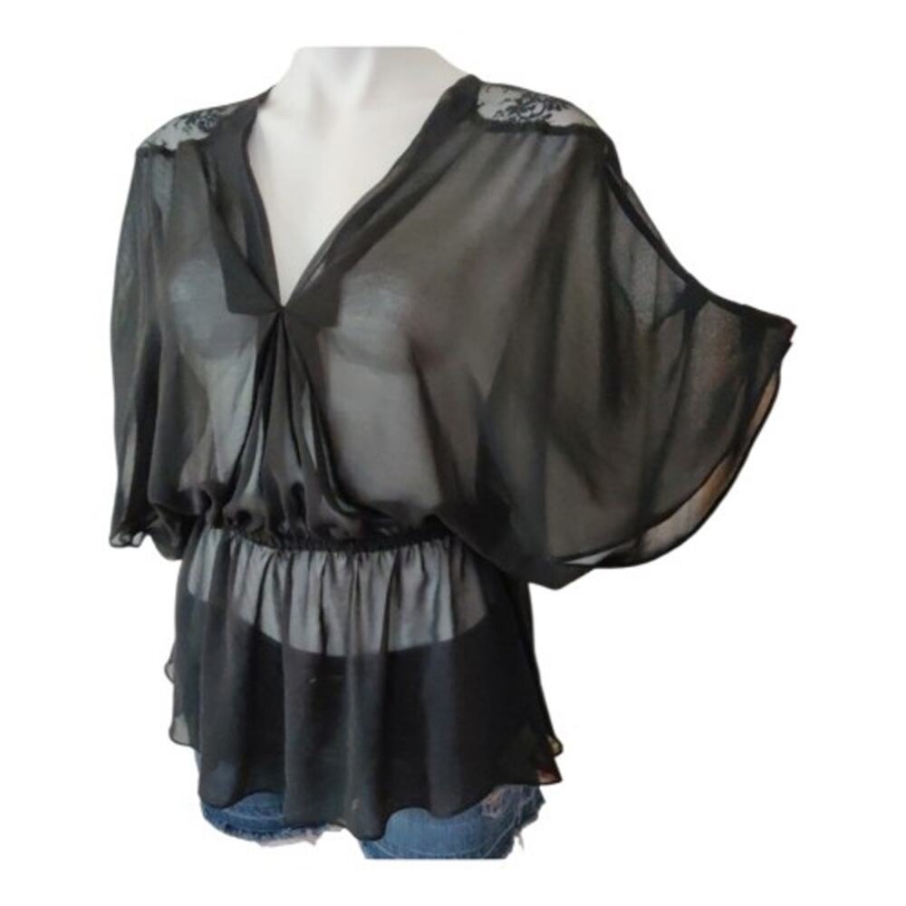 REMAIN Sheer Black Blouse Size S Lace Shoulder Inset Loose Drapey Elastic Peplum